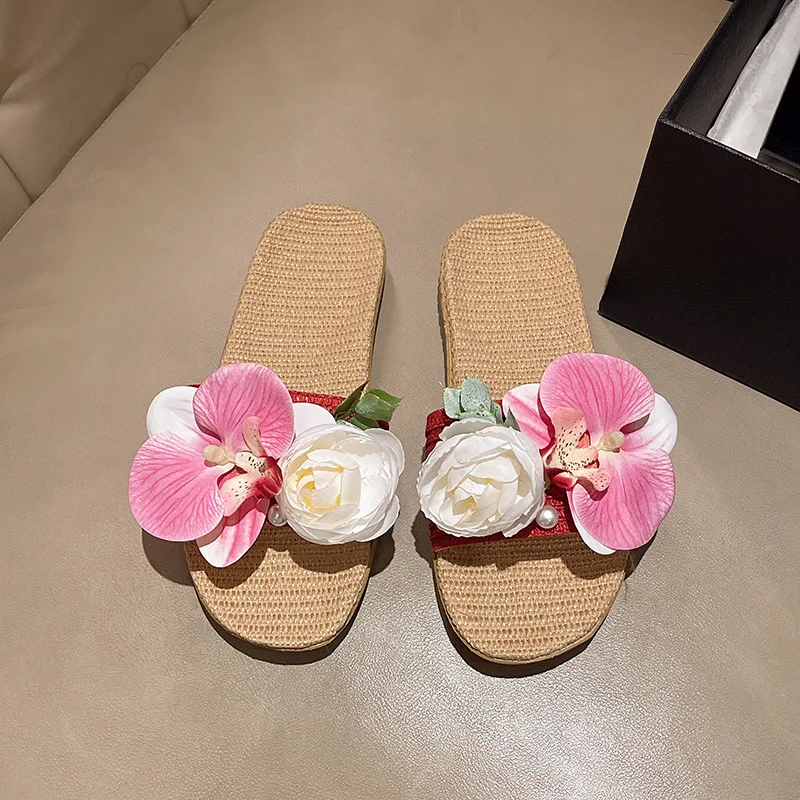 

Льняные домашние тапочки Ele Orchid Flower для женщин, летние, для отпуска, с нескользящей подошвой, удобные, на плоской подошве, с цветочным принтом