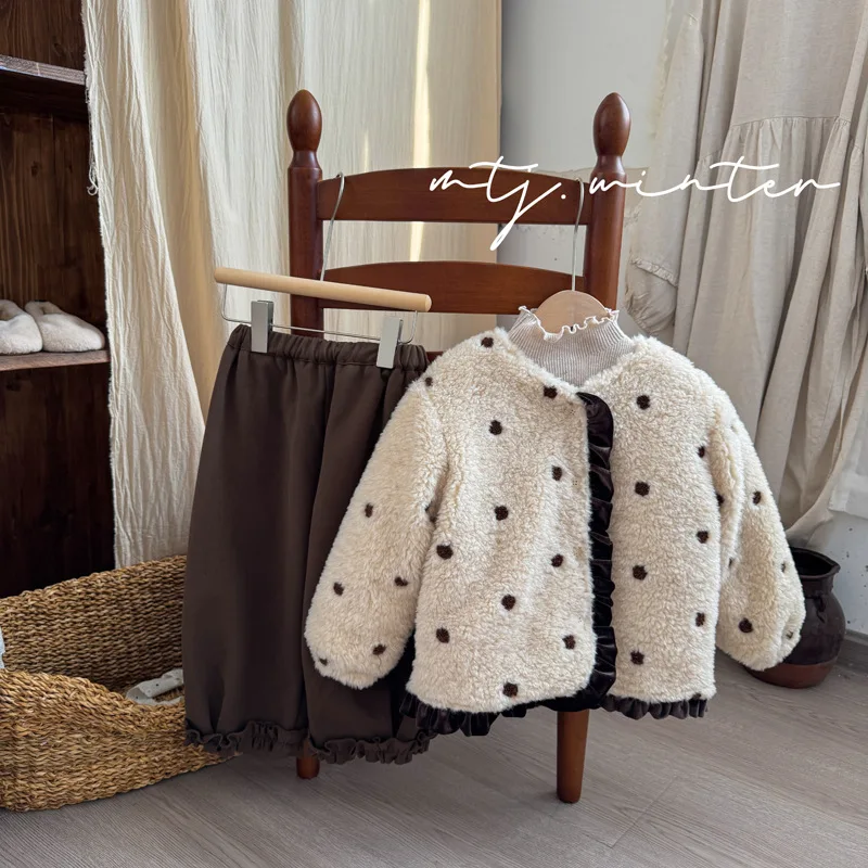 Winter New Girls Polka Dot Embroidery Plush Coat Children Cotton Padded Jacket Fashion Baby Girl Cute Lace Coat Warm Coat 3