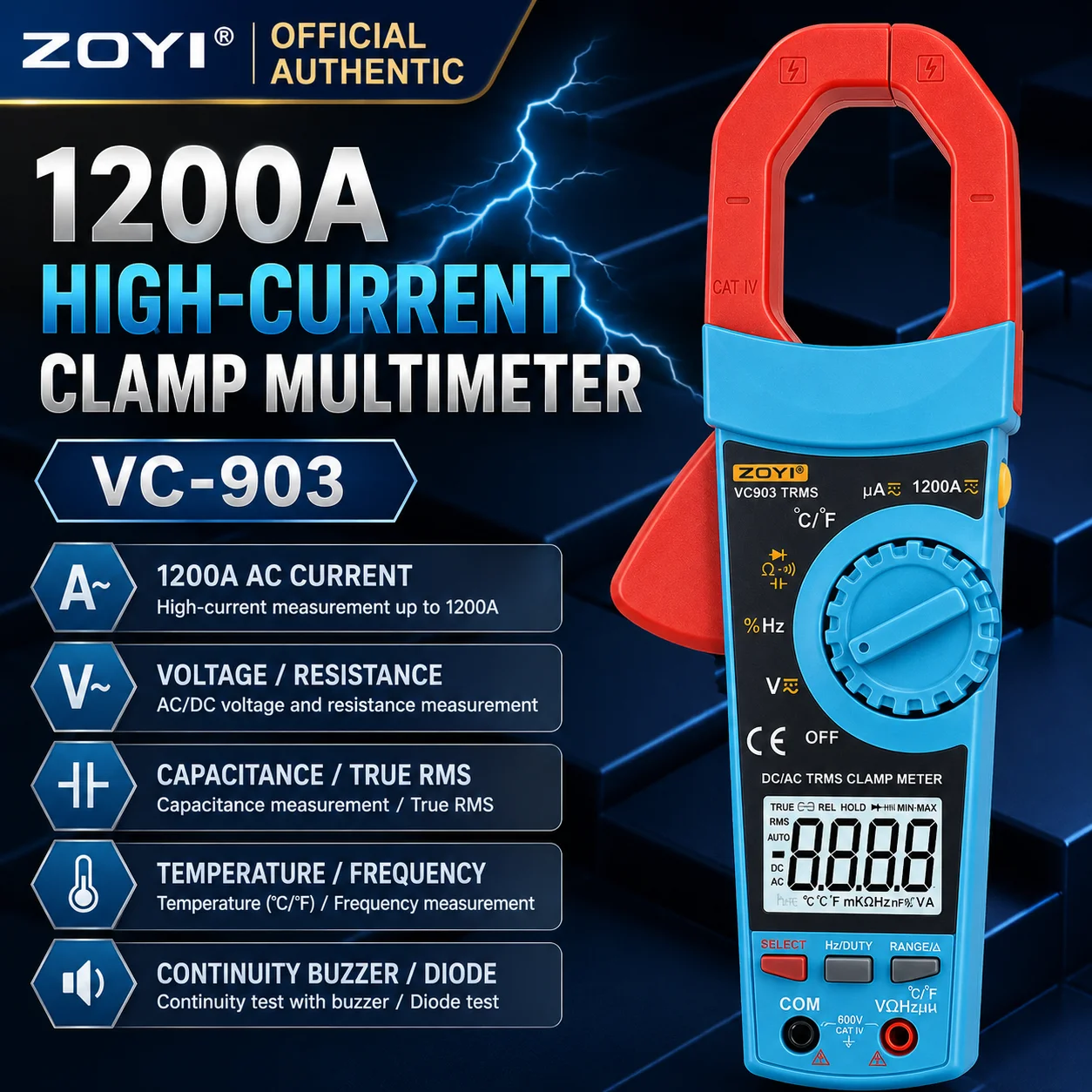 ZOYI VC903 Digital Clamp Multimeter High Precision Electrician Multifunction AC/DC 1200A Current Tester