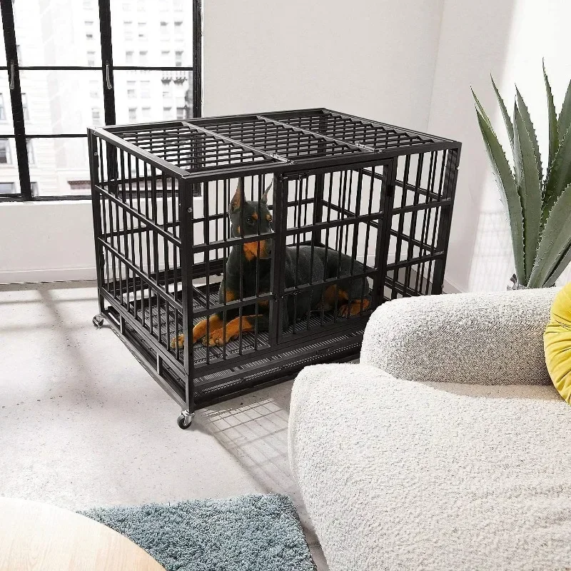 WOKEEN 48 Inch Heavy Duty Dog Crate Cage Kennel with Wheels, High Anxiety Indestructible, Sturdy Locks Design