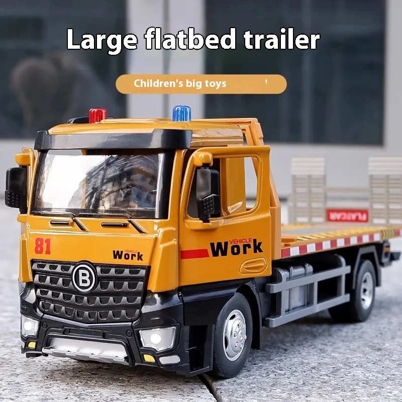 Large Flatbed Trailer Urban Road Rescue Vehicle Alloy Truck Diecast Model Sound & Light Toy Display Ornament Children Toy Gifts