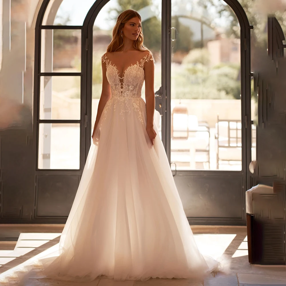 

Bohemaid Illusion Neck Appliques Lace Wedding Dress Tulle Backless Floor Length A-line Bridal Dress with Train Custom Made