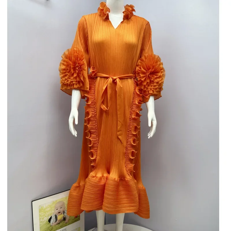 2024 Autumn Miyake New Pleated Hand-cranked Lace Edge Fashionable Large Size Dress Long Dress