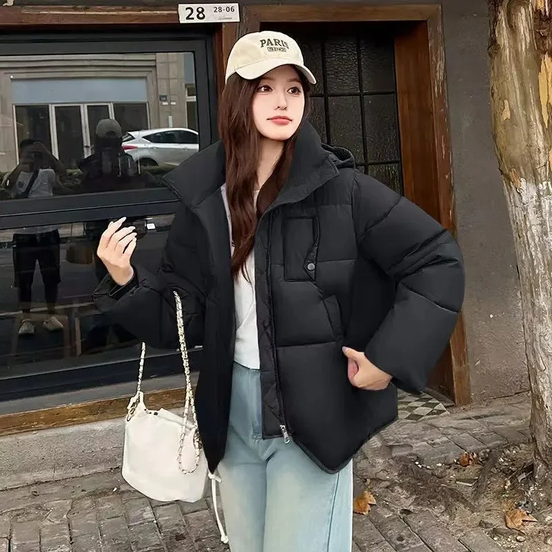 

Explosions Cotton Padded Coat Ladies Winter 2025 New Contrast Short Down Jacket Women Parkas Hooded Outcoat Thicken Overwear Top