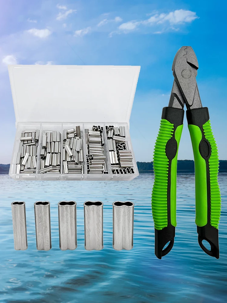 Fishing Crimpers Tool Crimp Sleeves Kit with Single /Double Barrel Ferrule Wire Rope Swager Crimper Fishing Line Tackle Tools