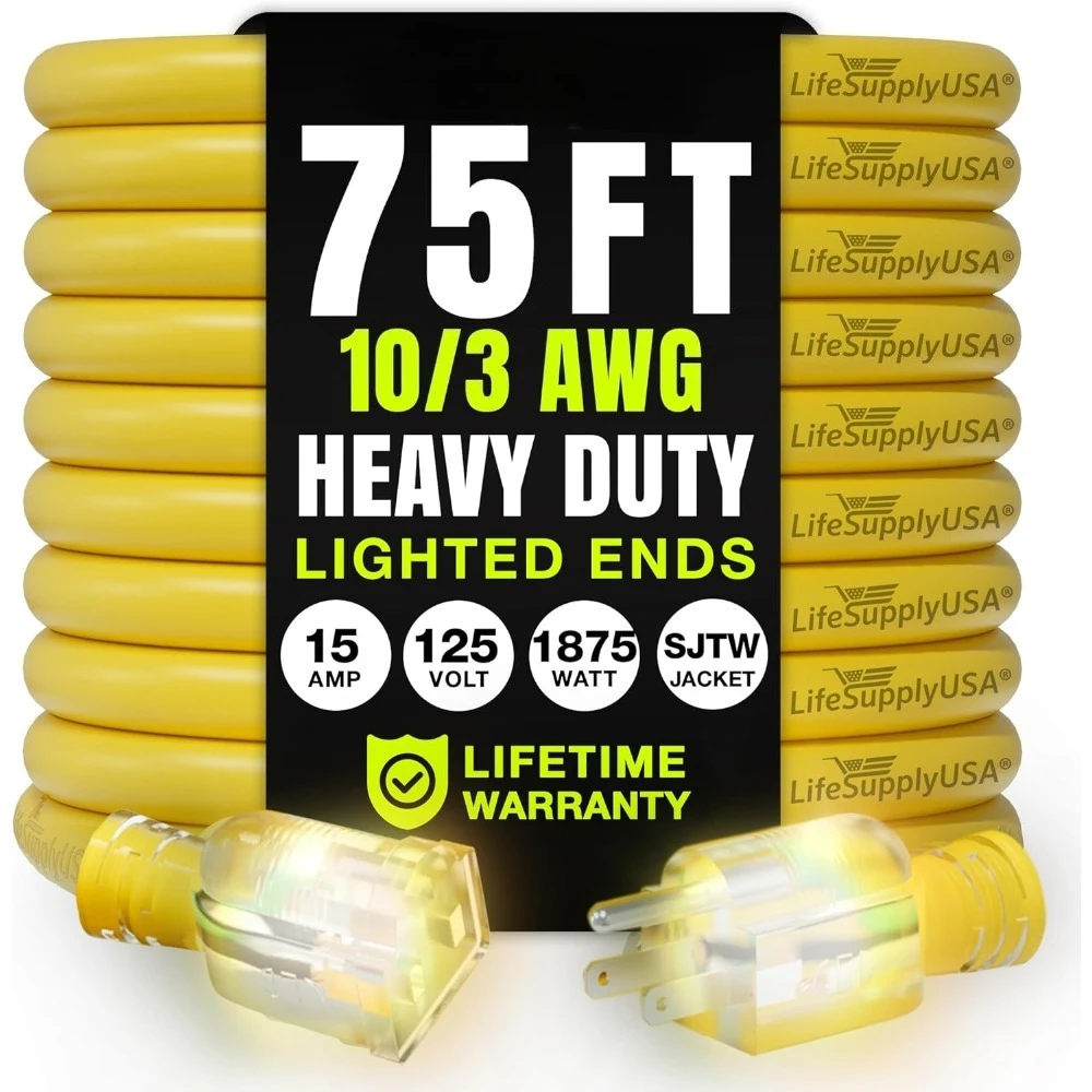 

75FT Heavy Duty Extension Cord Outdoor Indoor 10 3 Gauge SJTW Waterproof Cold Resistant 3 Prong 15A 125V 1875W Yellow Long