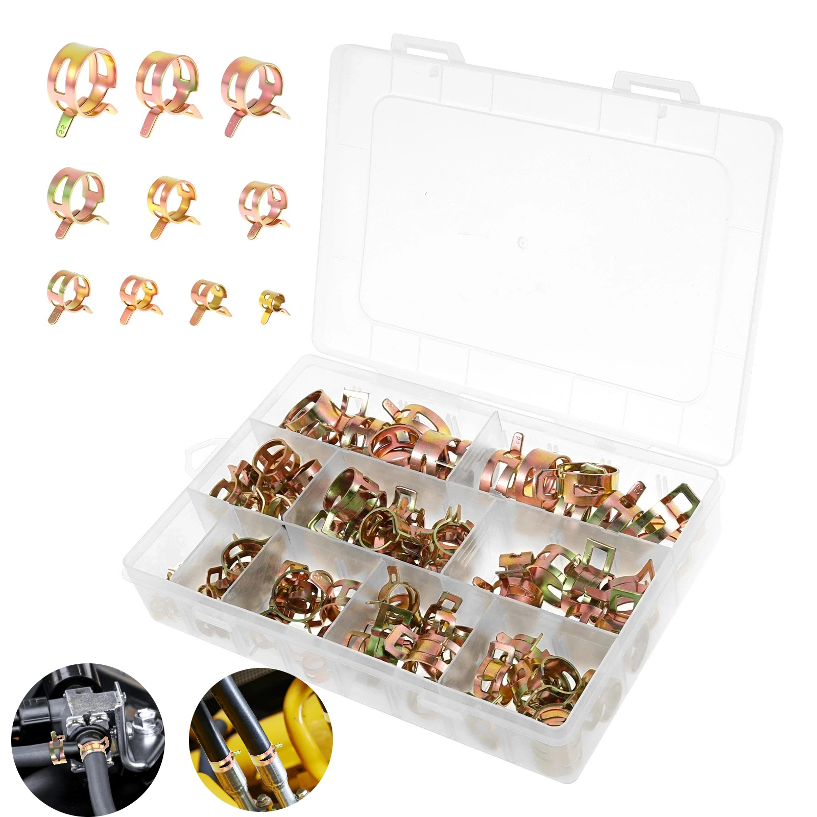 

100 шт. хомуты для шлангов топливопровода, пружинные хомуты для шлангов из углеродистой стали, простые в установке многоразовые хомуты для шлангов топливопровода