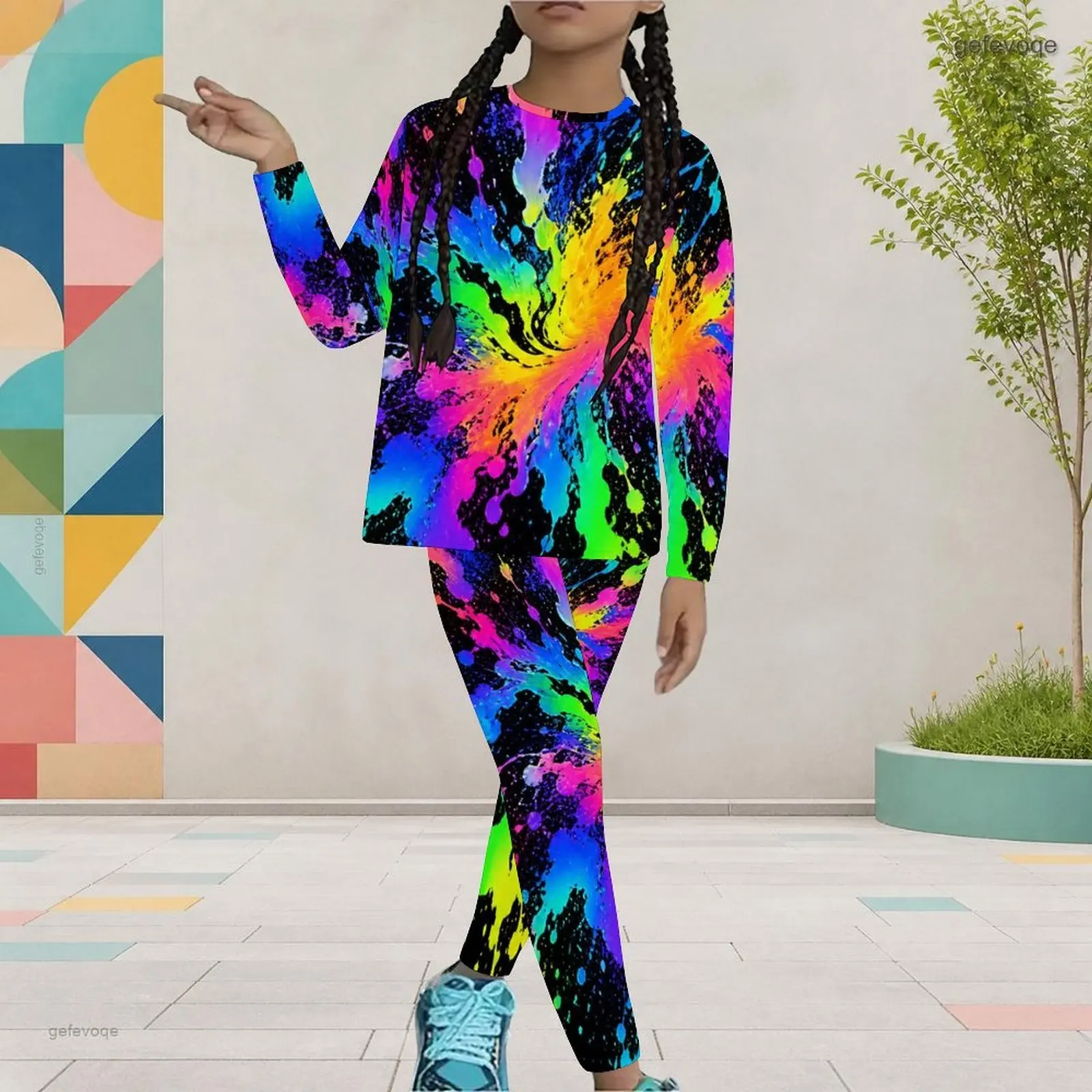 Autumn Graphic Print Girls Two Piece Set Turtleneck Colorful Splatter Swirl Abstract Children Clothing Daily Party Wear
