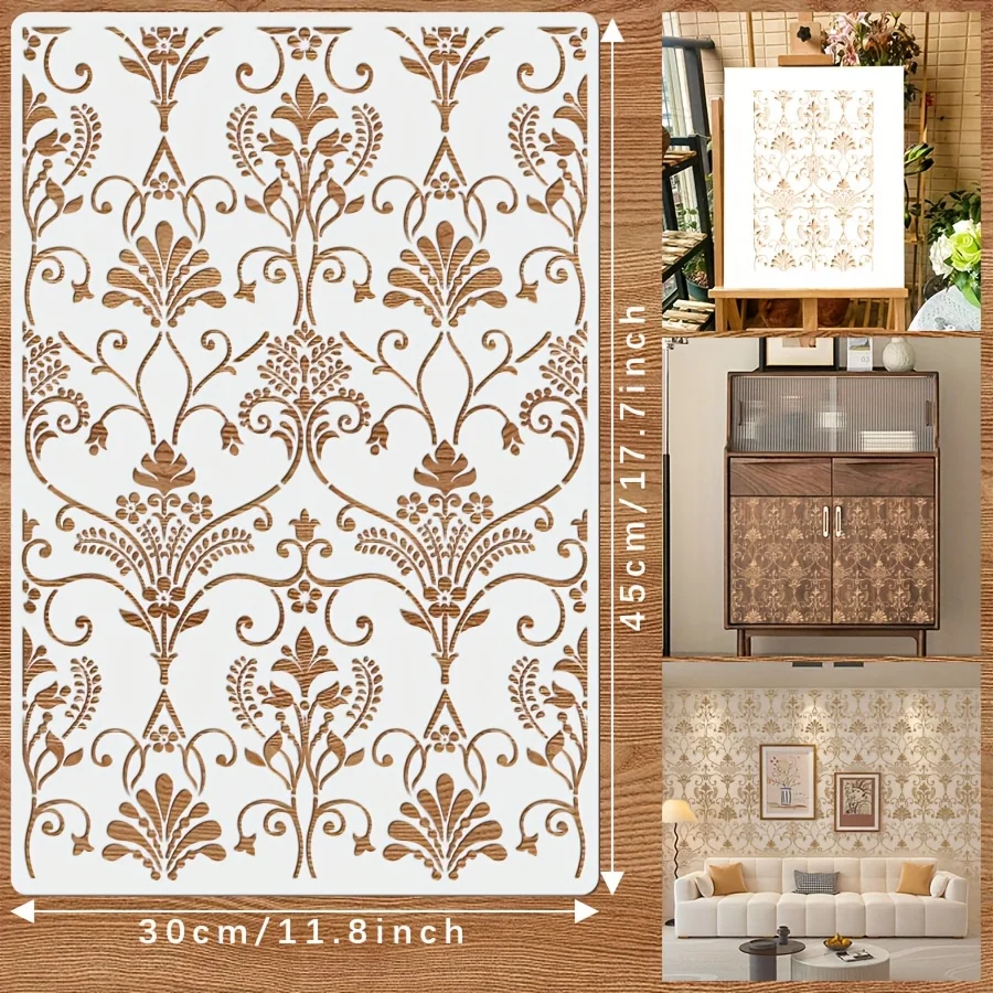 قطعتان من قالب استنسل الحائط الدمشقي الكبير مقاس 11.8 × 17.7 بوصة - نمط رسم قابل لإعادة الاستخدام للأثاث والجدار والديكور بنفسك