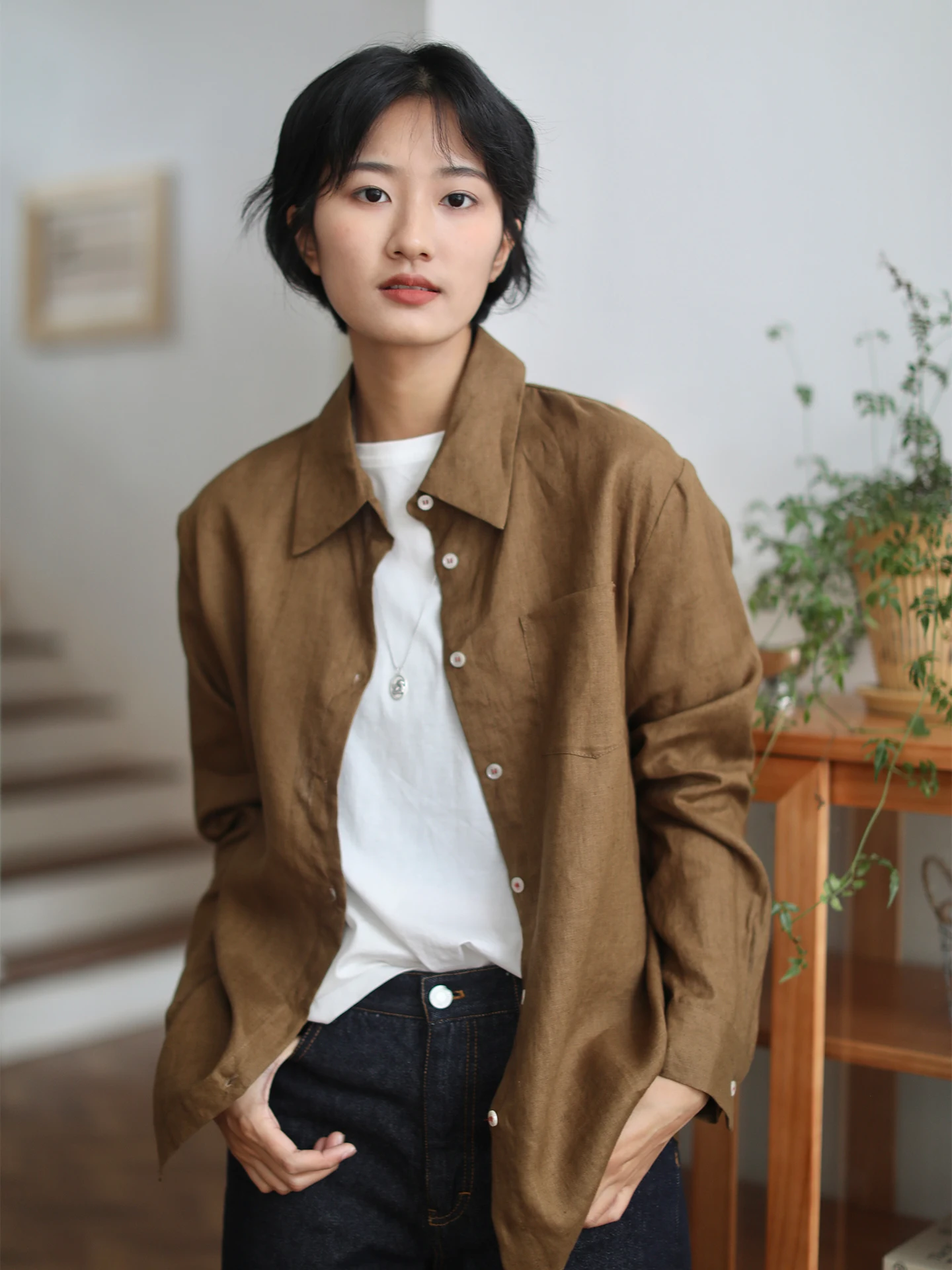 

Zhou Xiaoya Linen Color Collar Simple Loose Comfortable Spring New Women's Long Sve irt Breathable Skin-Friendly