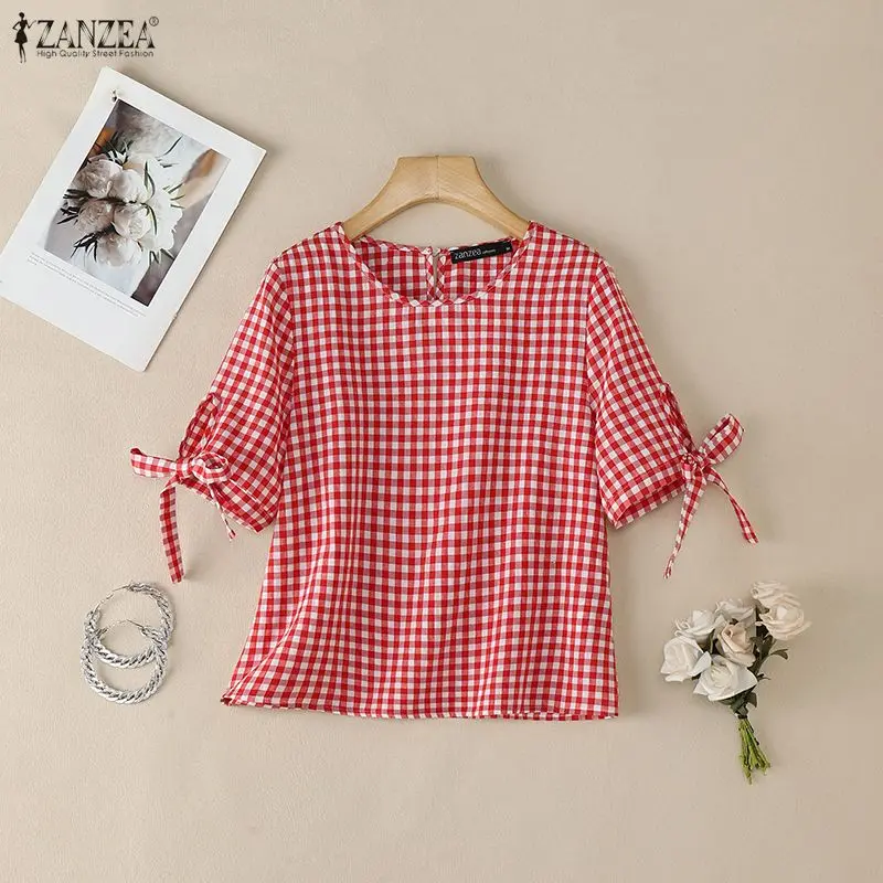 

2026 ZANZEA Summer Short Sleeve Plaid Blouse Women O Neck Tops Stylish Work Shirt Casual Lace -Up Cropped Tunic Holiday Mujer