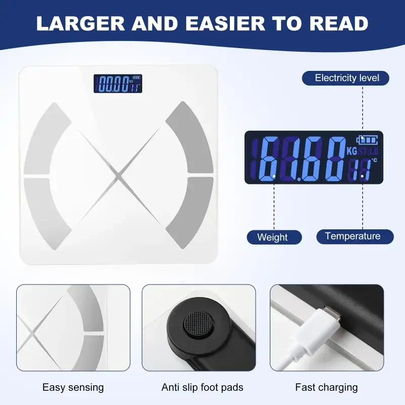 Inteligentna waga, cyfrowa waga łazienkowa, waga do pomiaru BMI i tkanki tłuszczowej, z aplikacją na smartfona.