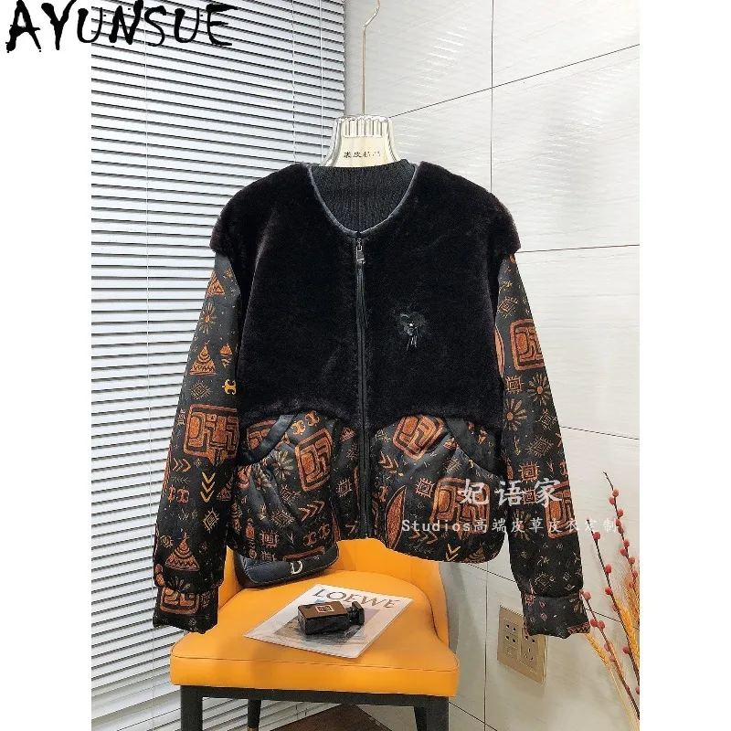 AYUNSUE Fur Down Jackets for Woman Jacquard White Goose Down Coat Casual O-neck Lamb Shearling Jacket Woman Clothing Ropa Mujer