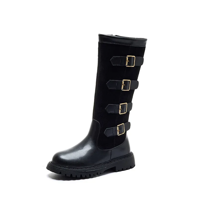 Botas altas de estilo britânico feminino, sapatos casuais infantis, sapatos de mostrar a princesa, antiderrapante, ao ar livre, moda infantil, outono, inverno