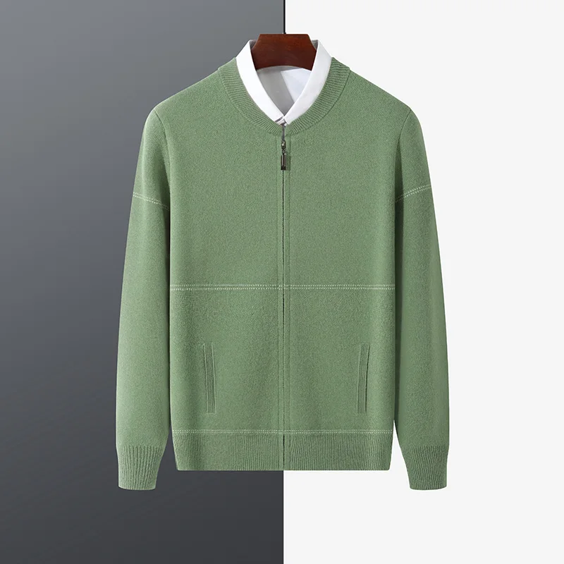 Autumn And Winter 100% Wool Cardigan Men's Round Neck Solid Color Zipper Sweater Business Casual Padded Knit Bottoming Coat