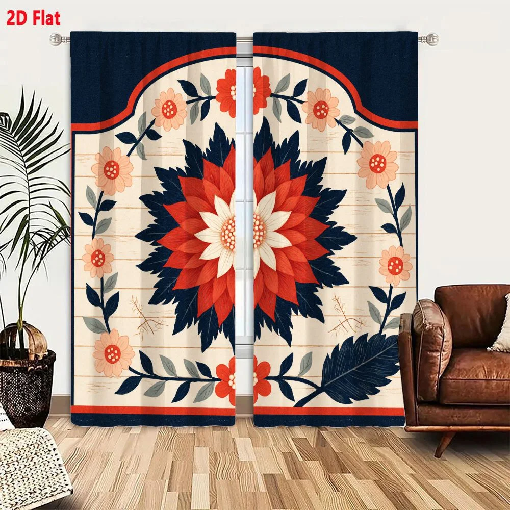 2Pcs Curtains 2D Flat Traditional Folk Art Floral Illustration With Large Red Flower White Yellow Center Dark Blue Leaves Light