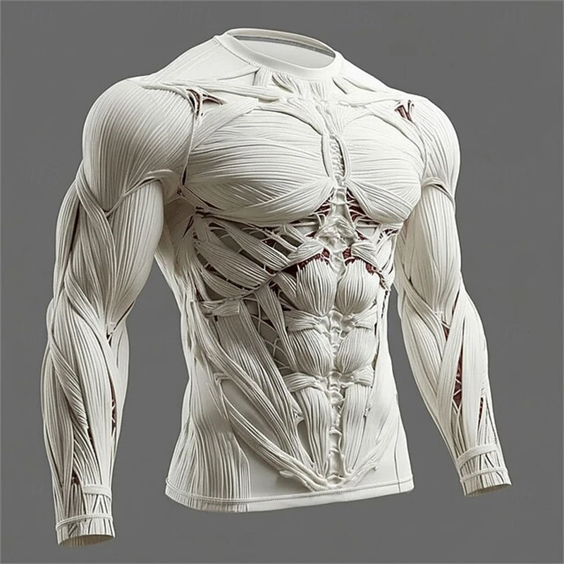 2026 Neues Herren 3D-Muskel-Print Langarm-T-Shirt Fitness Rundhals Atmungsaktive Sportbekleidung Stylische Auffällige Alltags-Streetwear – Detail 15