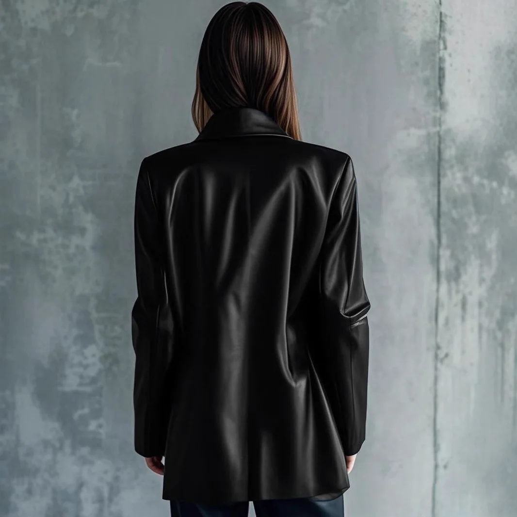 2025 Otoño Invierno nuevas mujeres de longitud media chaqueta de cuero de imitación Oficina señora cremallera elegante Casual abrigo cálido