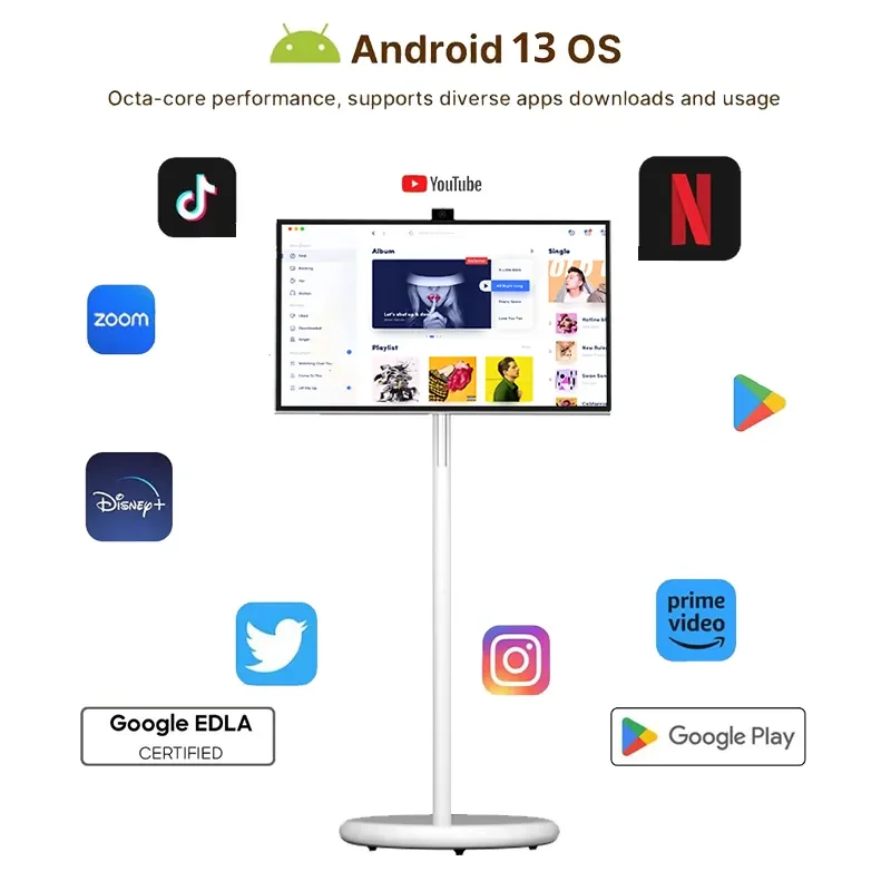JEESTON 27 pouces Portable Smart Home TV Android13, écran tactile IPS hauteur réglable Style libre mouvement intégré 8MP caméra cachée