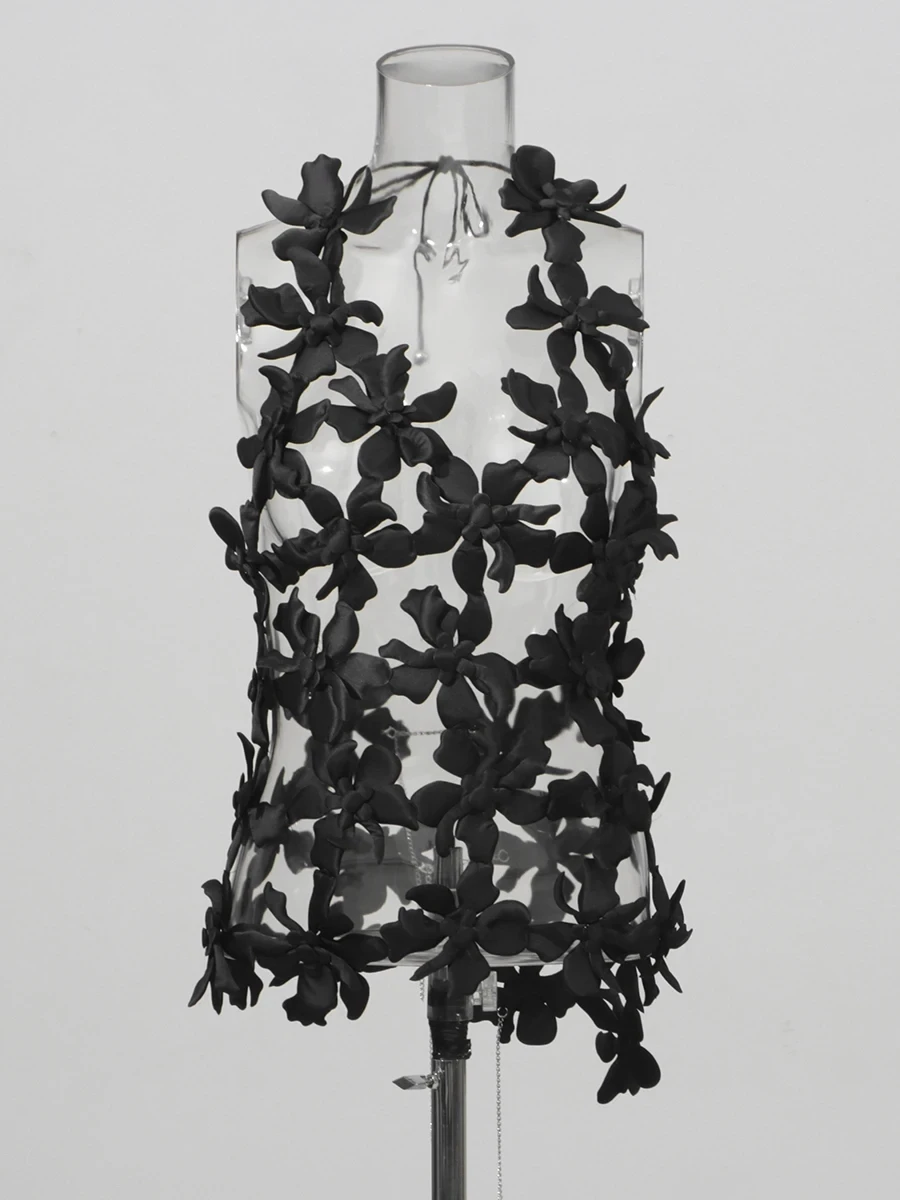 TWOTWINSTYLE Solid Hollow Out Minimalist Sexy Vests For Women V Neck Sleeveless Backless Spliced Lace Up Top Female Fashion New