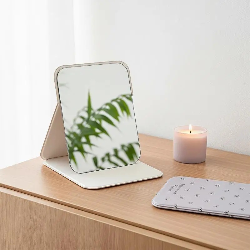 Desktop Makeup Mirror Solid Color PU Leather Non-Slip Base Portable Handheld Mirror for Bathroom Vanity Travel