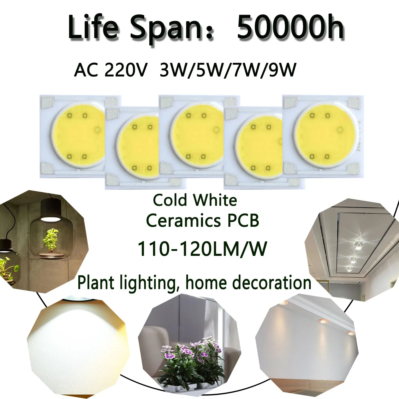 5pcs AC220V 3W 5W 7W 9WLED COB Light Bead Ceramic Substrate Smart IC Chip DIY LED Lighting Floodlight Spotlight Lamp