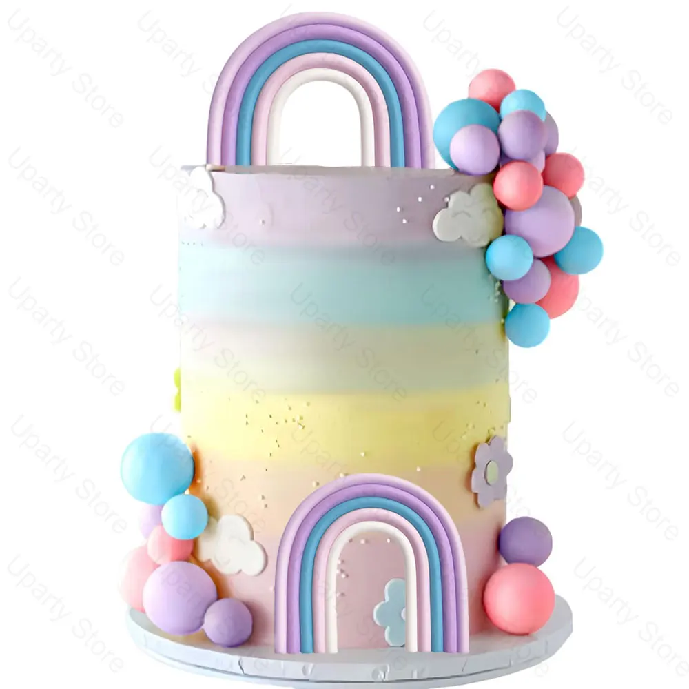Kit Décoration Gâteau Boho – Arc-en-ciel, Feuilles De Palmier, Boules – 26 Pièces – Thème Arc-en-ciel Marron Café – Anniversaire Baby Shower