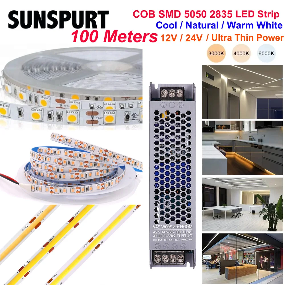 

100 led strips 12V 24V COB 2835 5050 lamp white LED ribbon diode led room strip lights for room kitchen decoration tv ambilight