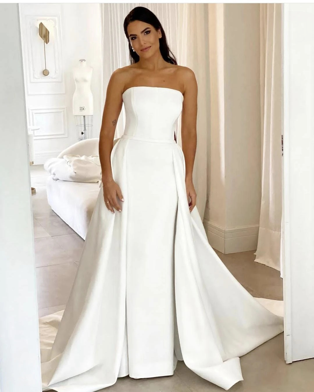 Vestido de novia de sirena con falda extraíble, vestidos de novia sin tirantes de satén, personalizados a las medidas Civil, bata elegante Mariee 2024