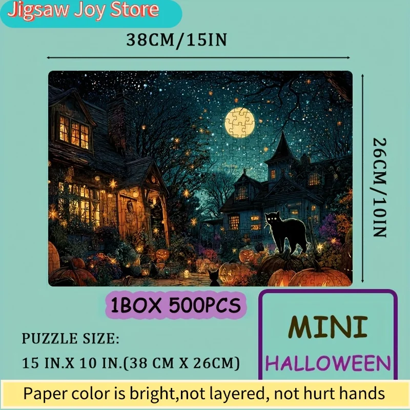 1 Caixa (500 peças) Quebra-Cabeças para Adultos, Tema Abóbora Iluminada e Chalé Noturno, para Jogos de Festa e Atividades - Mosaico de Cores Mistas que Brilha no Escuro 15