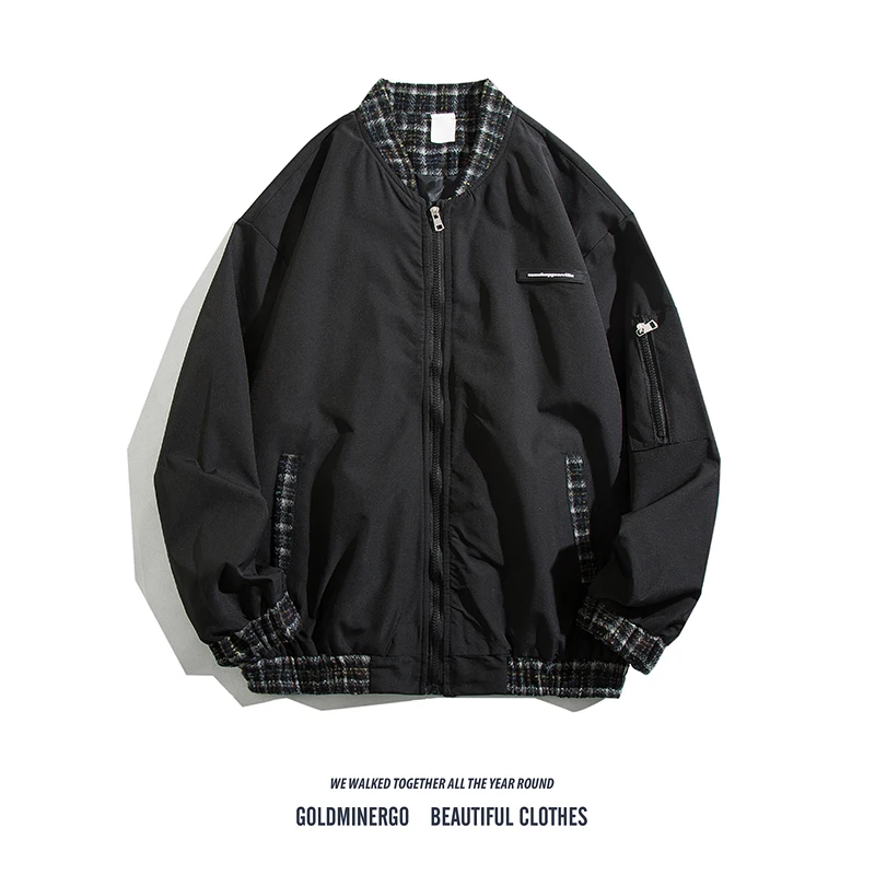

Trendy Plaid Splicing Baseball Jaet Loose Fit Stand Collar Zipper Closure Long Sve Youthful Sle Spring Autumn ex Coat