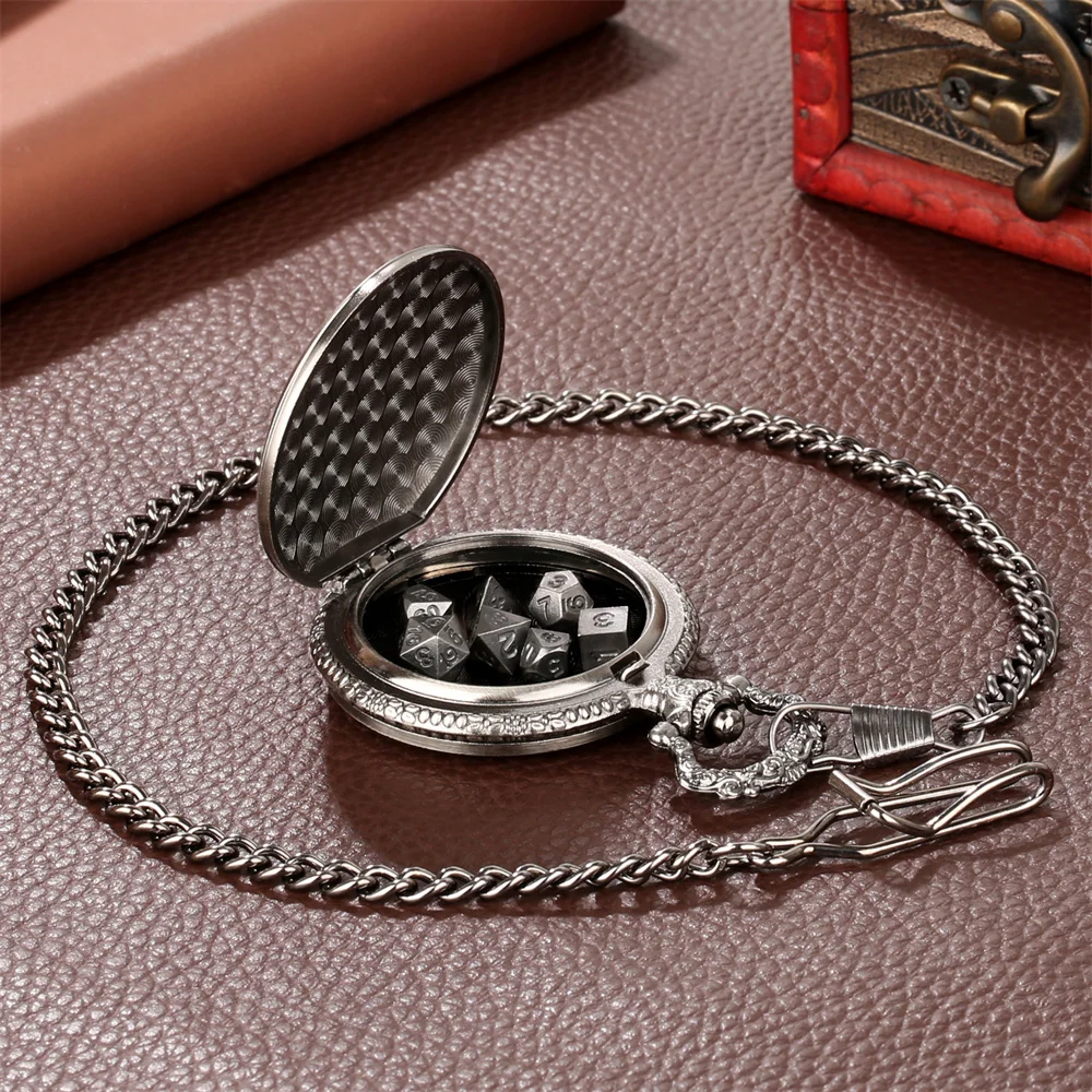 Vintage Steampunk Dragon Metal Pocket Watch Case Dice Sets with Pocket Chain 7pcs Mini Dices Retro Gift for Game Role Playing image 5