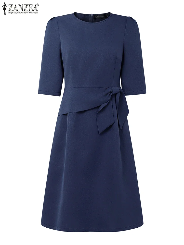 2025 ZANZEA Office Lady Vestito estivo Lace-Up Donna Abito al ginocchio Tinta unita Casual Abito allentato Mezza manica Arco Abiti da festa