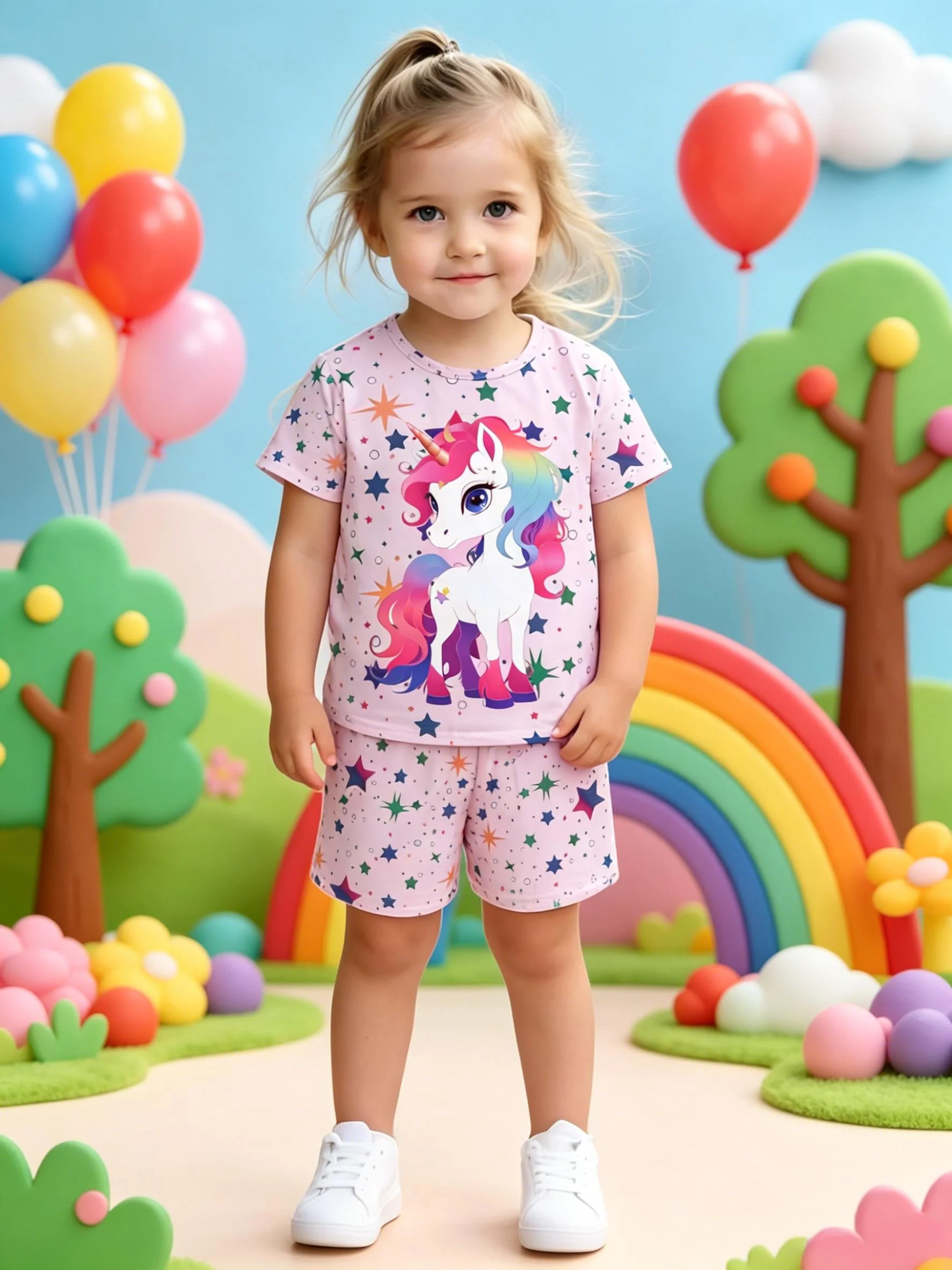 Unicorn Print Set Girls Pink Short Sleeve Star All Over Print Shorts Sweet Style