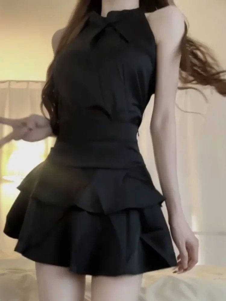 Fashion Off Shoulder Sleeveless Halter Black Tops Women Y2k E-girl High Waist Ruched Skirts 2025 Two Piece Sets