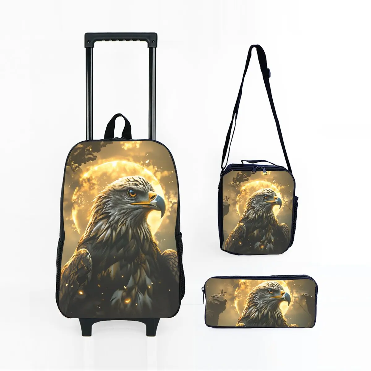 

Eagle Print Wheeled Rolling Bag Set with Lunch Box Pen Bag with Wheels School Trolley Backpack Bag for Girl/Boys