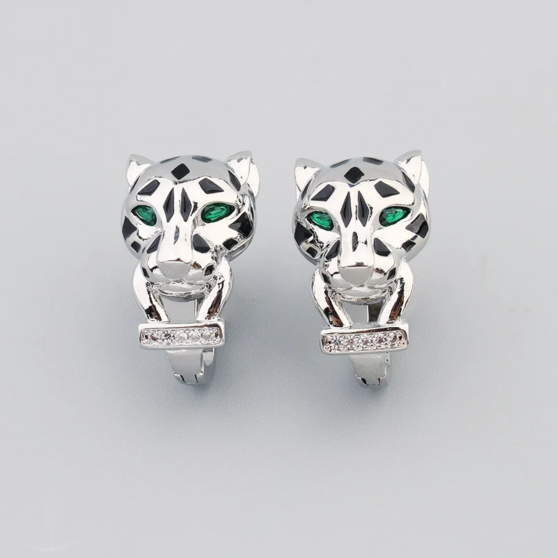 Luxury Brand Fashion Leopard Tiger Hand Earrings Retro Brass Rose Gold Silver Color Green Eyes Full Cubic Zircon Women Jewelry