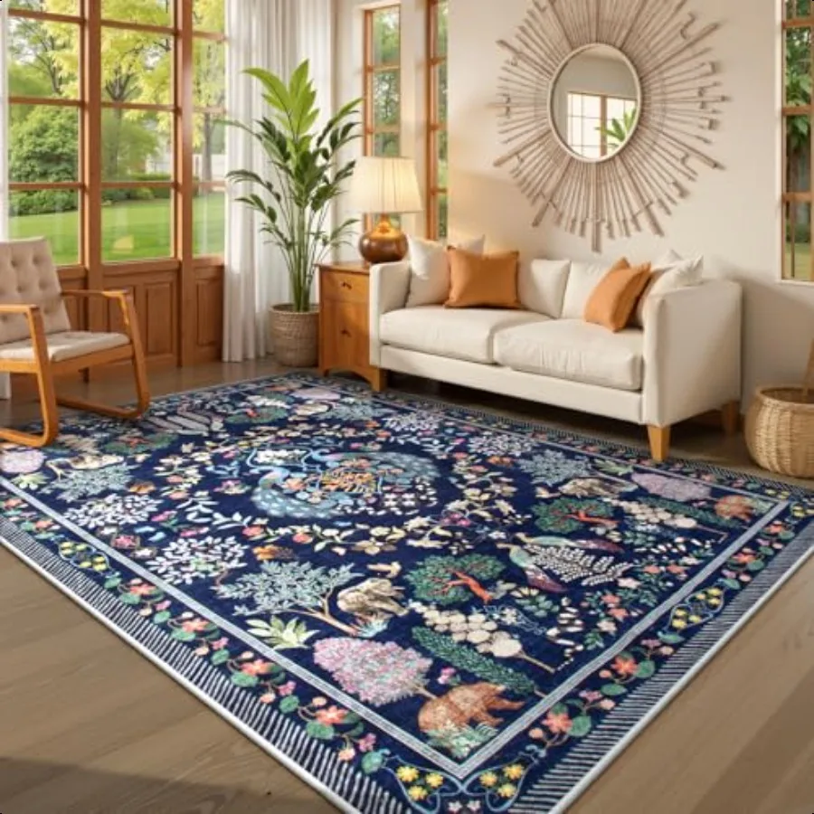 

Blue Area Rug for Living Room hine Washable 5x7 Rug Colorful Soft Bedroom Rug Botanical NonSlip Low Pile Stain Resistance Larg