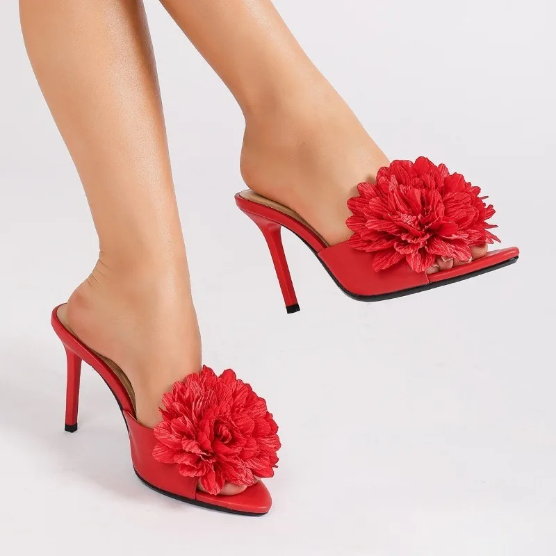 زهرة الموضة عالية الكعب النعال النساء اللمحة تو الضحلة أنيقة الشرائح فستان أحذية الصيف في الهواء الطلق عطلة الصنادل الإناث