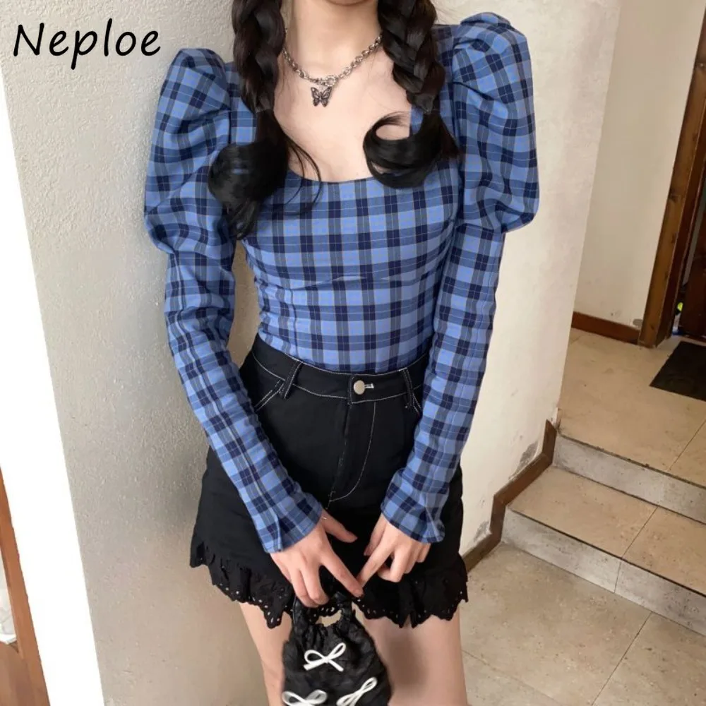 Neploe Ruched Simple Square Collar Lantern Sleeve Shirt Plaid Slim Minority Vintage Blouses All-match French Style Korea Blusas