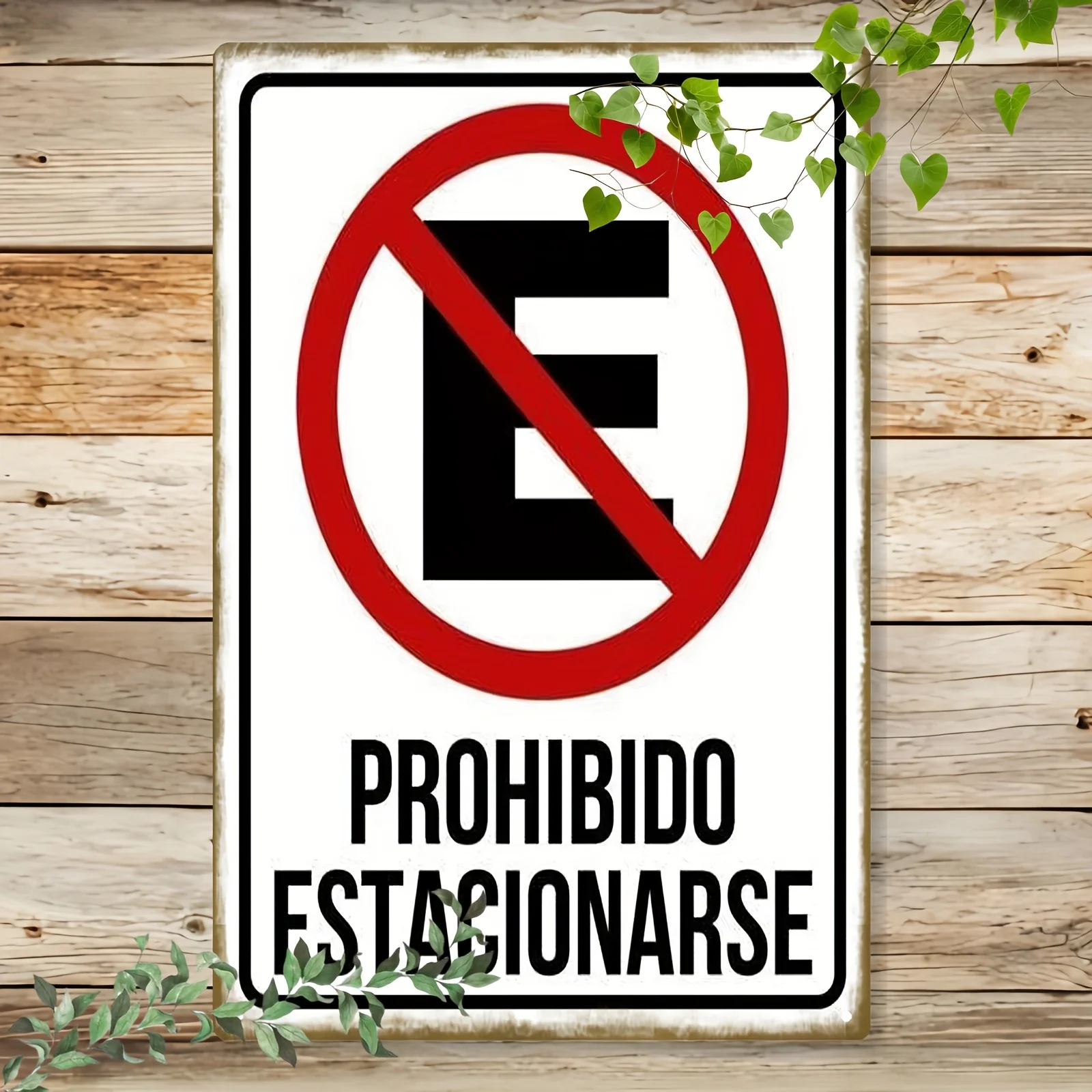 One wooden no parking sign - a red and white prohibition symbol with the words 