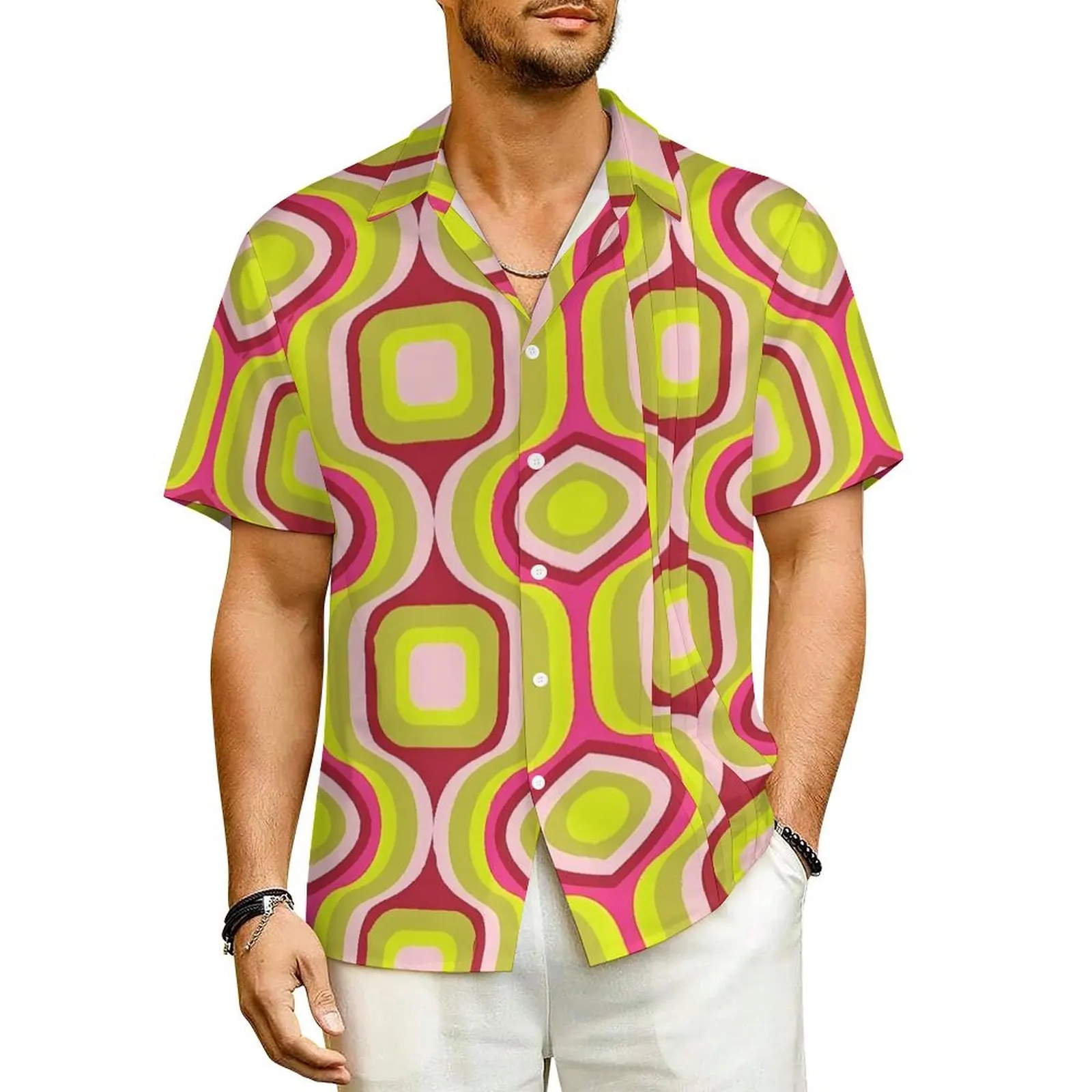 

Retro Geo Print Hawaiian Shirt For Men Beach Red and Yellow Casual Shirts Short-Sleeved Streetwear Elegant Oversized Blouses