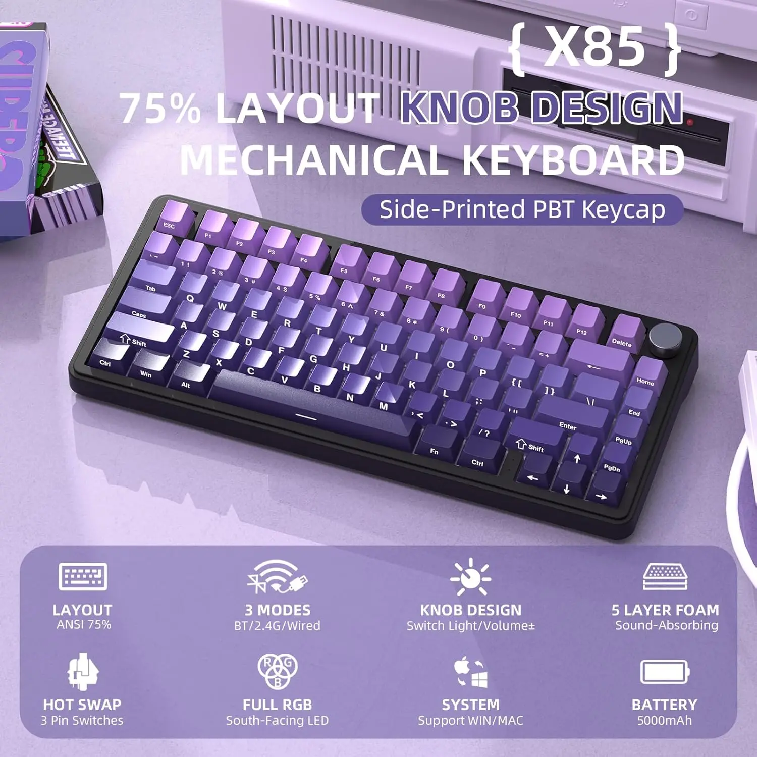 ATTACK SHARK X85 75% Gasket Wireless Mechanical Gaming  Keyboard,PBT Side-Printed Keycap,Hot-Swap Linear Switch,RGB,NKRO