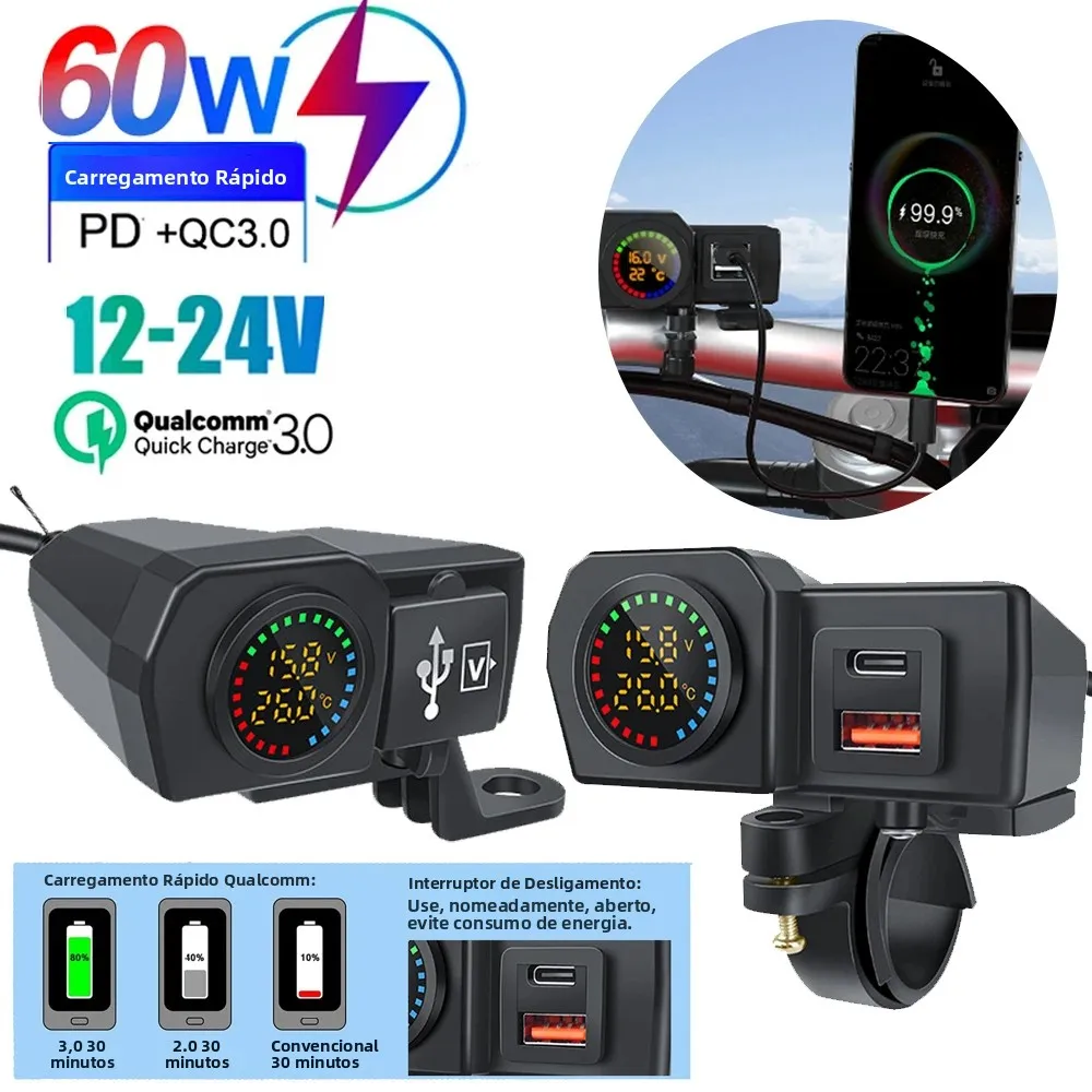 60w motocicleta qc3.0 pd carregador soquete usb tipo-c carregamento rápido carregador da motocicleta plug voltímetro termômetro display digital