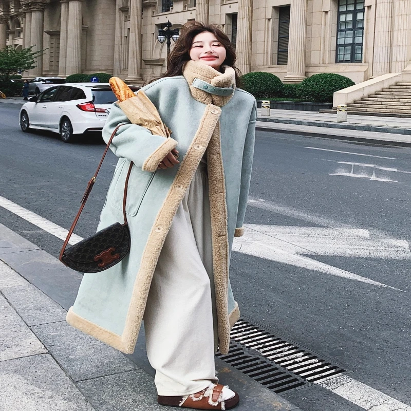 

Winter Thick Long Double Faced Lamb Wool Coat Women Stylish Biker Jacket Faux Fur Leather Outwear