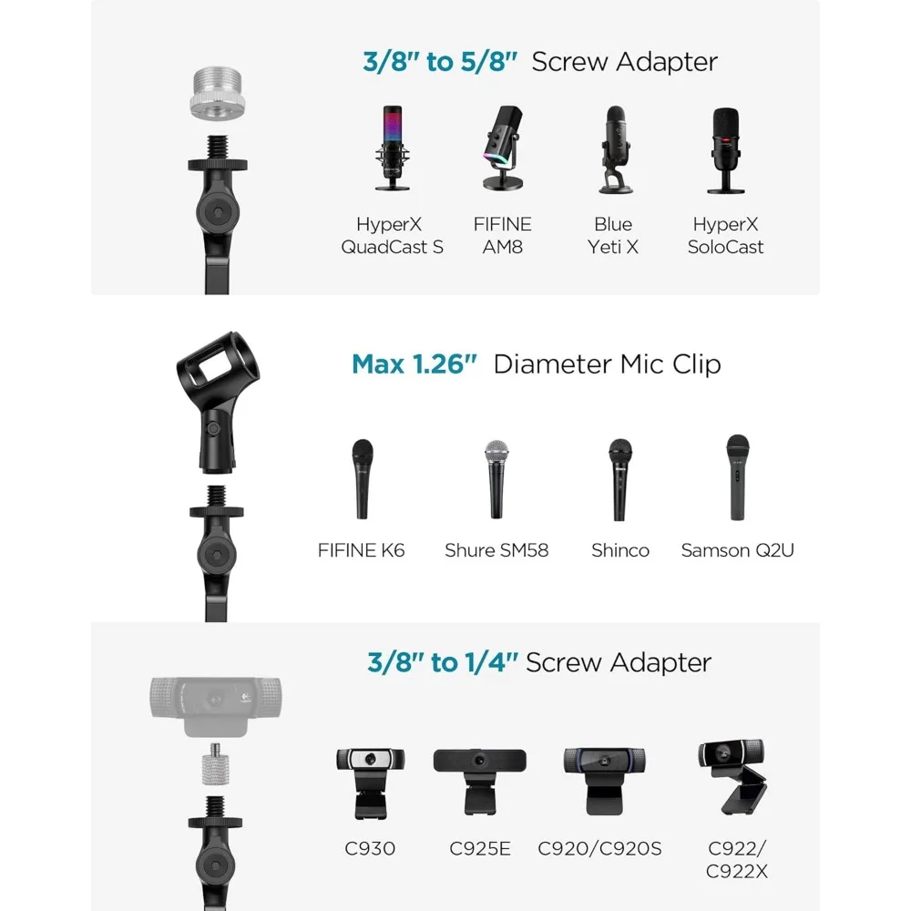 حامل ميكروفون عالي التحمل مع محولات عالمية، ذراع مرن لتركيب المكتب، أسود