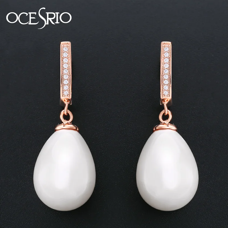 OCESRIO Korean Fashion Big Pearl Drop Earrings Cubic Zircon CZ Rose Gold 585 Earrings for Women 585 Gold Crystal Jewelry ers-p35