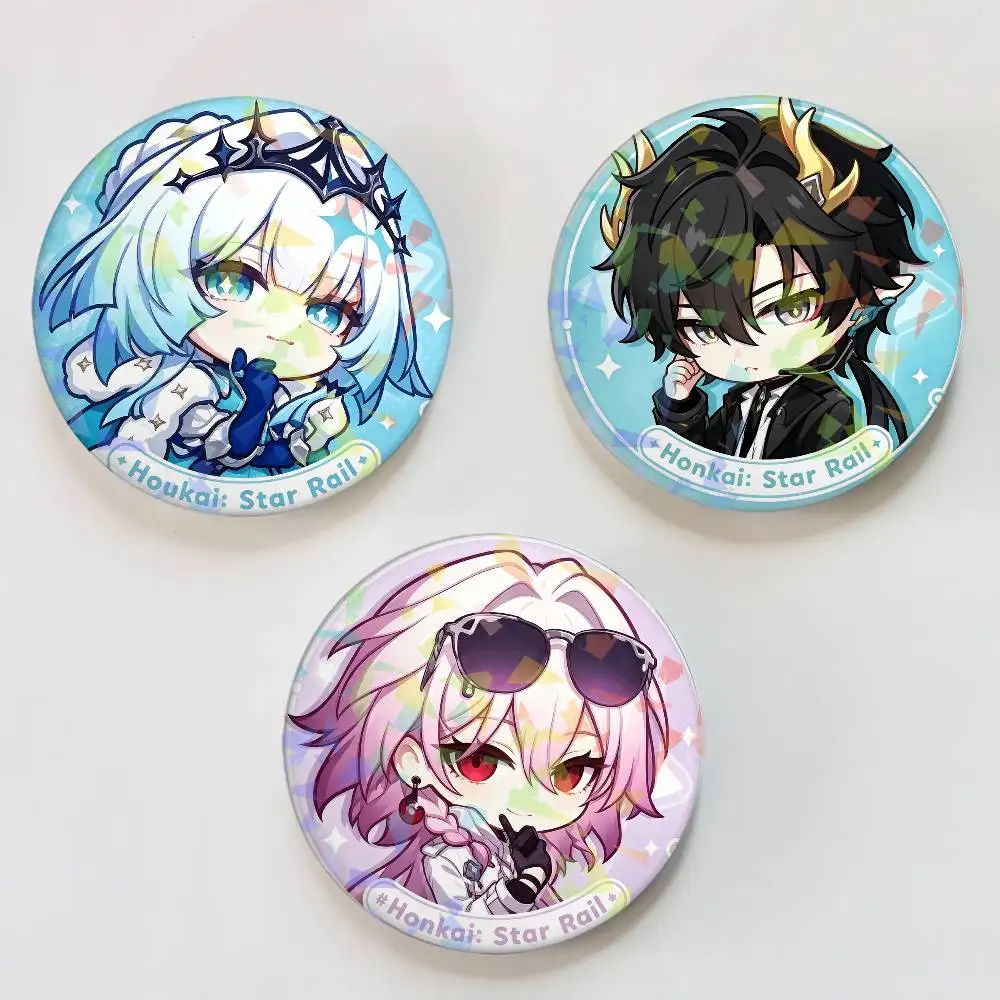 Game Honkai Star Rail Cute Round Badge Lapel Pins for Backpacks Briefcase Laser Brooch Clothes Gifts