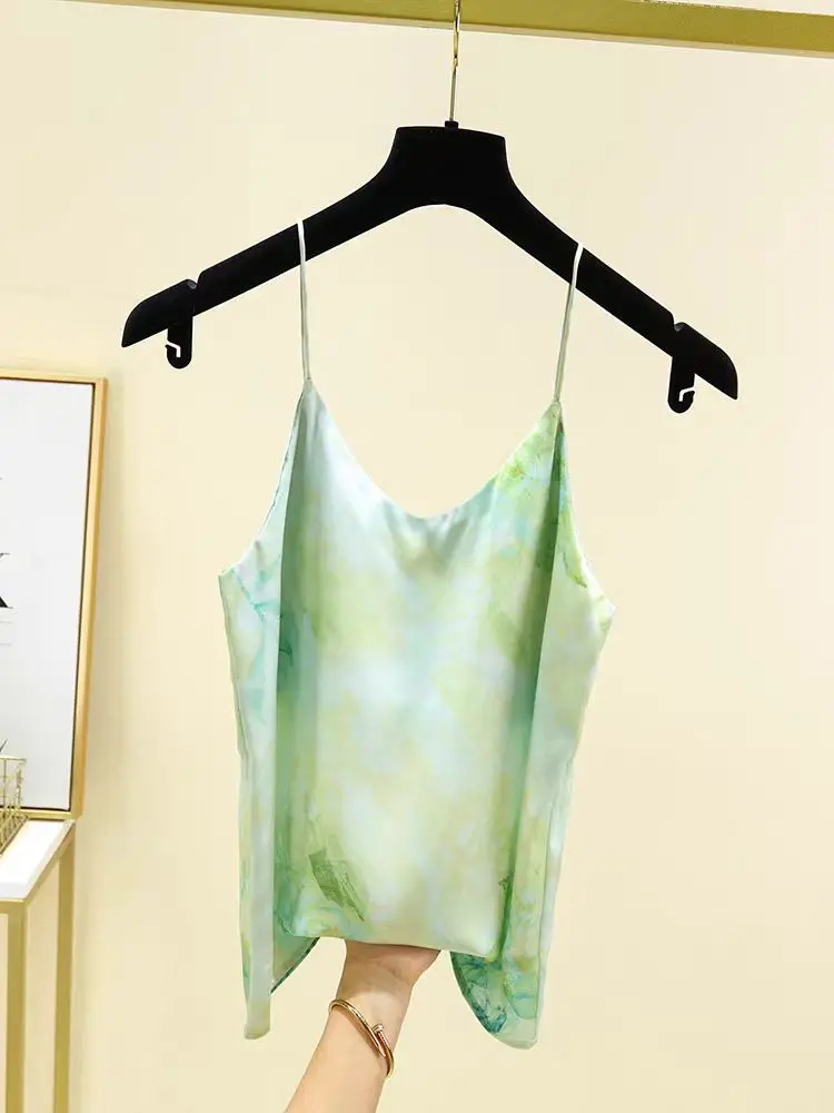 2024 New Summer Halter Vest Women Green Oil Painting Design Niche Satin Soft Tank Top Camisole Feminine