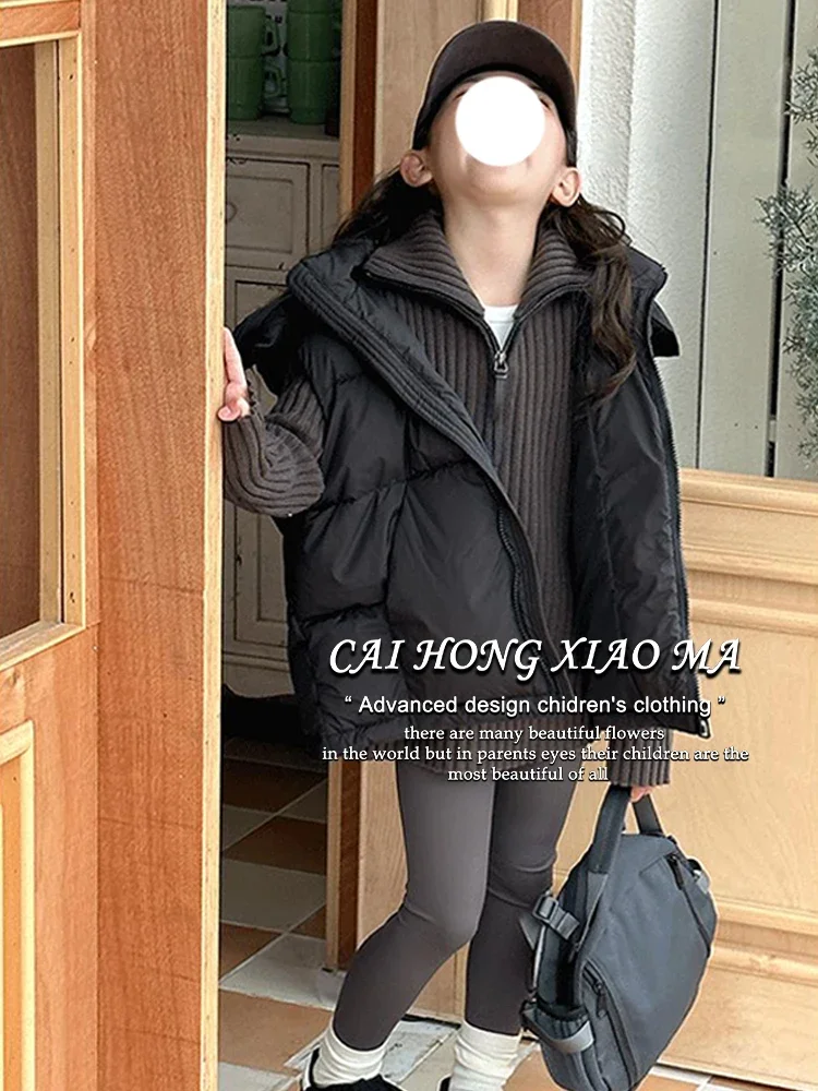 Girls Down Vest Coat New Children Stylish Solid Color Hooded Warm Sleeveless Coat Autumn Winter 2024 Korean Simple Style image 3